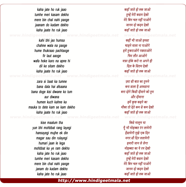 lyrics of song Kahan Jaate Ho Ruk Jao (Male)