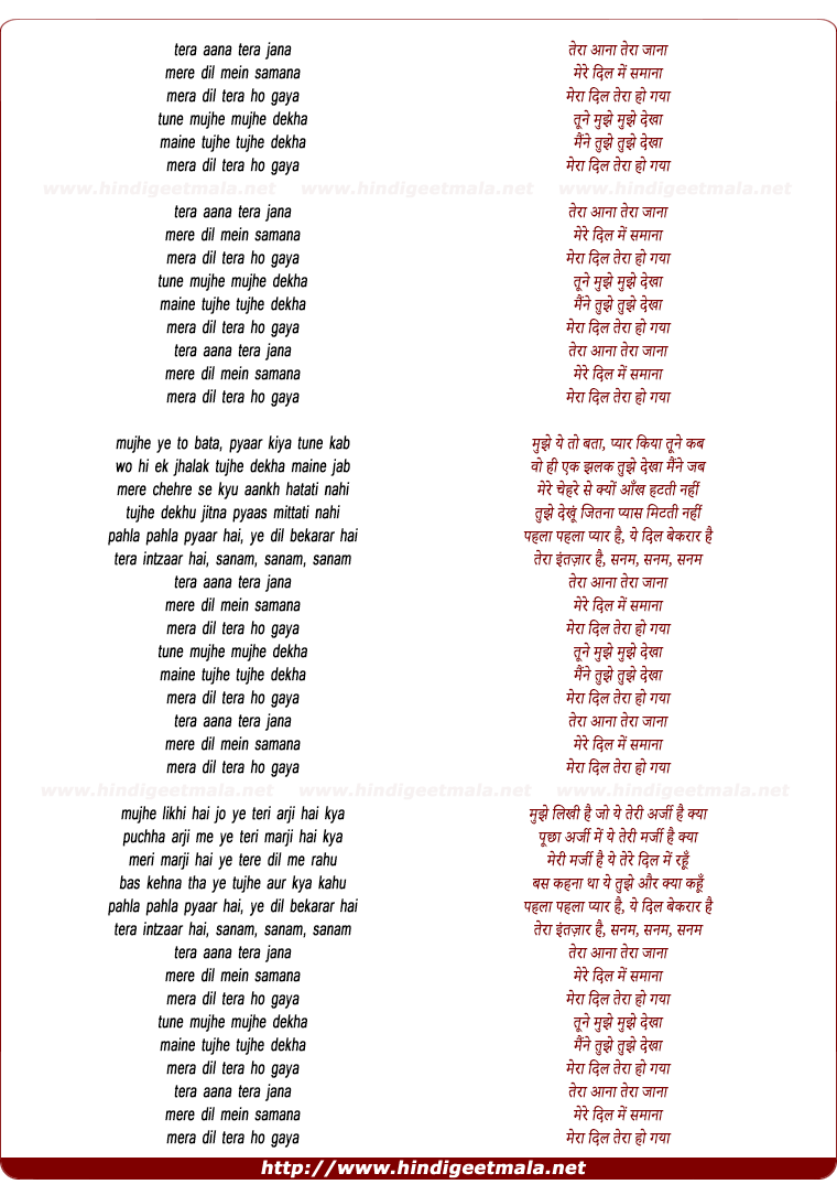 lyrics of song Tera Aana Tera Jaana
