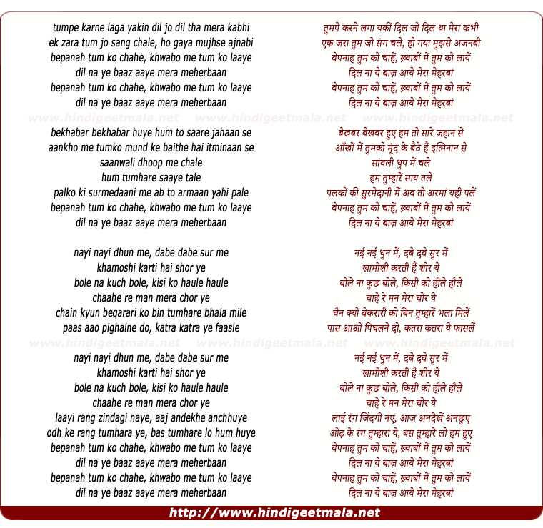 lyrics of song Bepanhaa Tum Ko Chahe - I