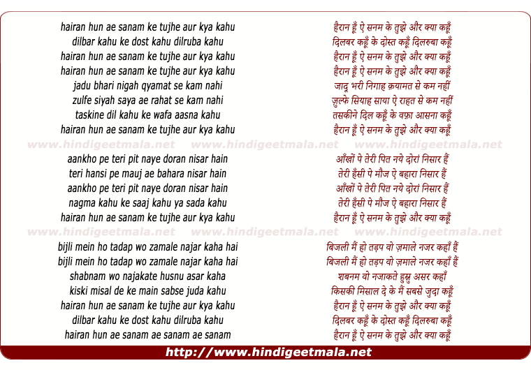 lyrics of song Hairan Hoon Ae Sanam