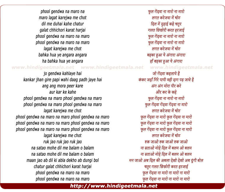 lyrics of song O Saiyaan Phool Gendva Na Maaro