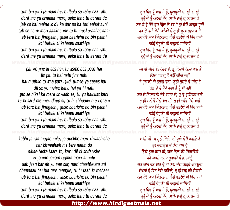 lyrics of song Tum Bin (Zeeshan)