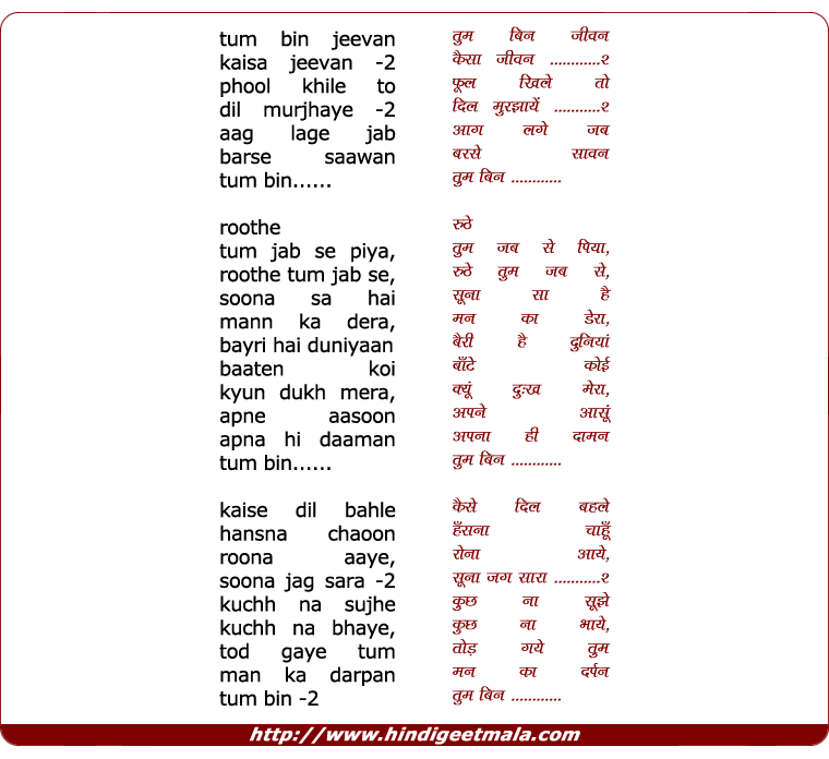 lyrics of song Tum Bin Jeevan Kaisa Jeevan