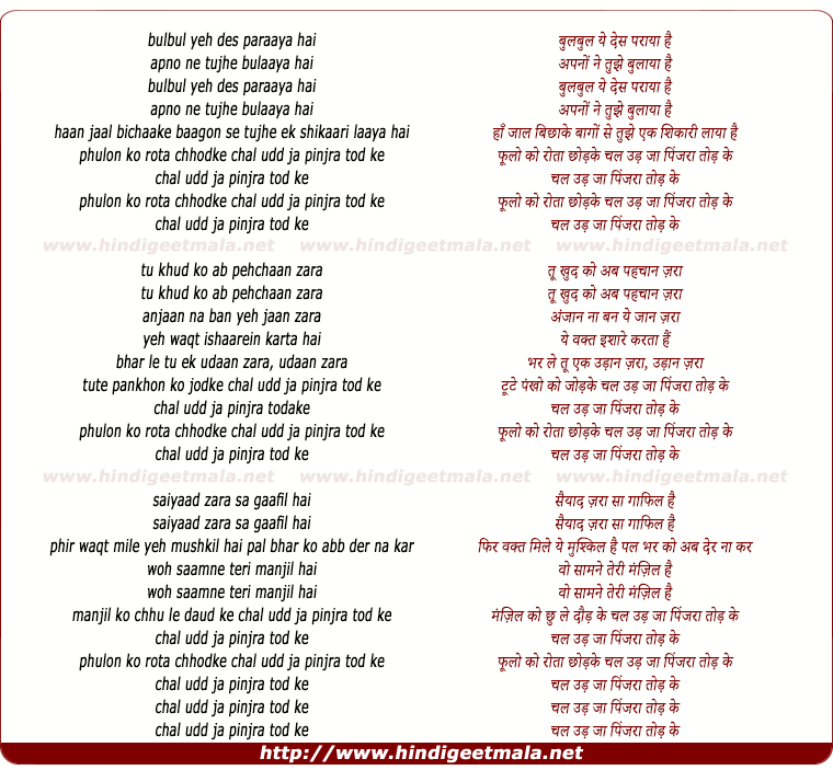 lyrics of song Bulbul Yeh Des Paraaya Hai