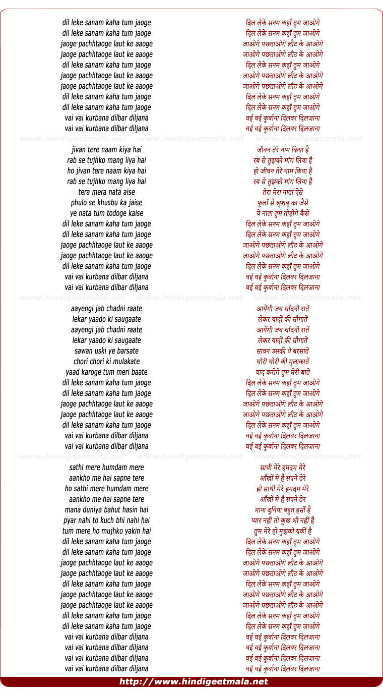 lyrics of song Dil Leke Sanam Kaha Tum Jaoge