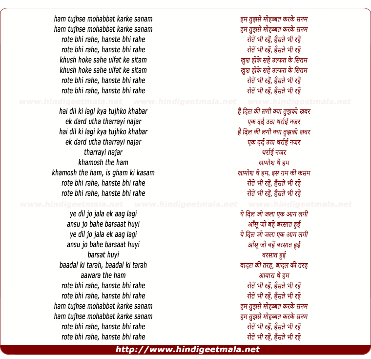 lyrics of song Ham Tujhse Mohabbat Karke Sanam