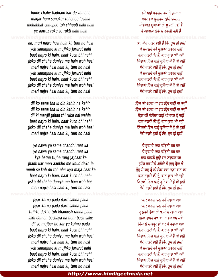 lyrics of song Hame Chahe Badnam Kar De Jamana (Meri Nazre Hasin Hai)