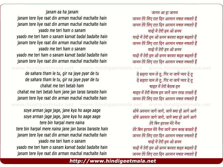 lyrics of song Janam Tere Liye Rat Din