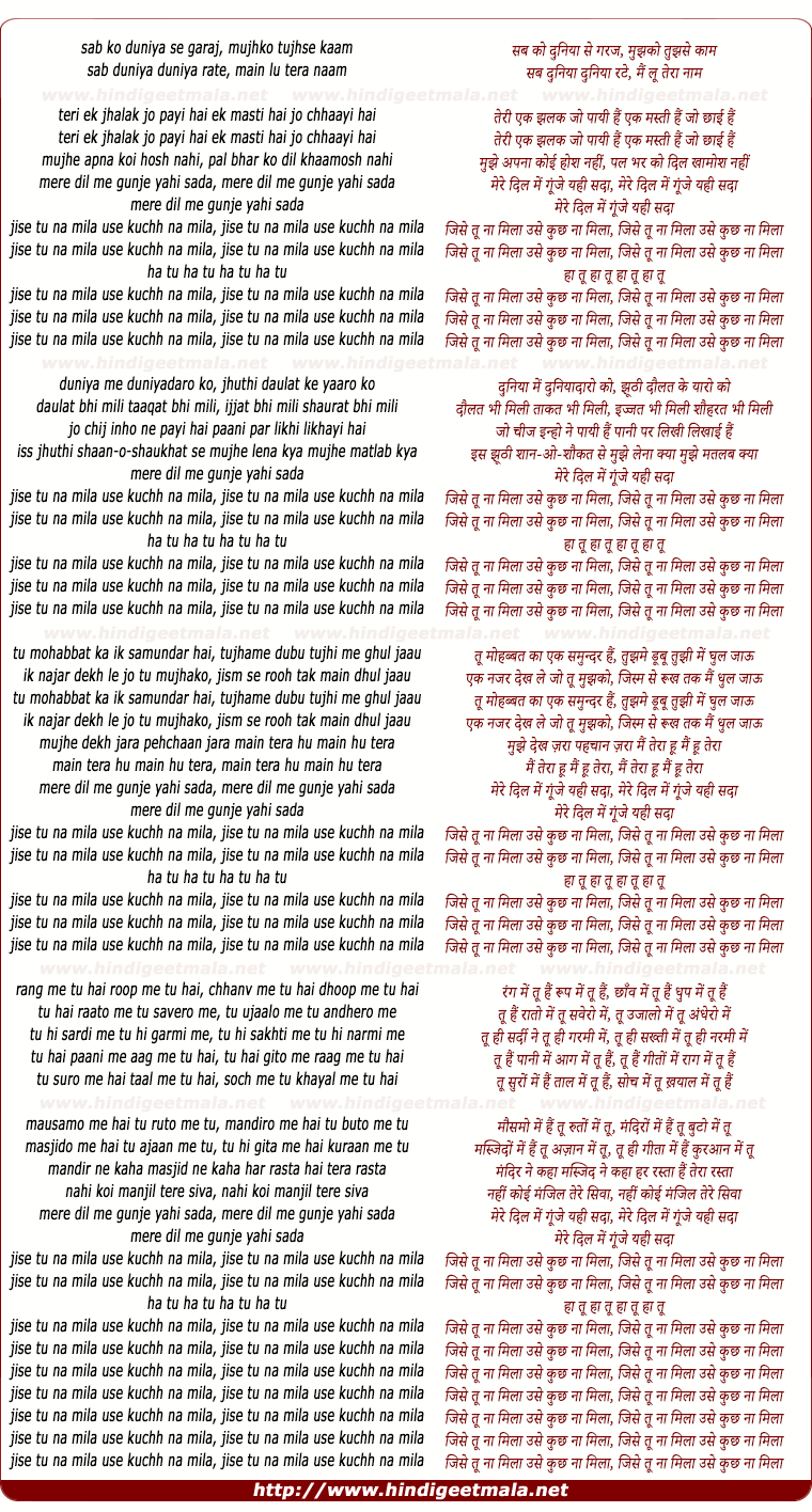 lyrics of song Jise Tu Naa Mila Use Kuchh Na Mila