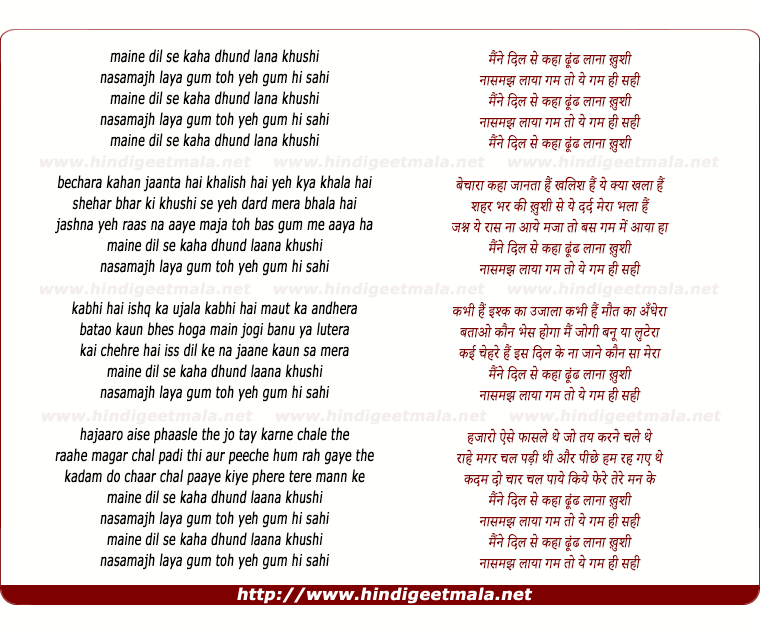 lyrics of song Maine Dil Se Kaha Dhund Lana Khushi