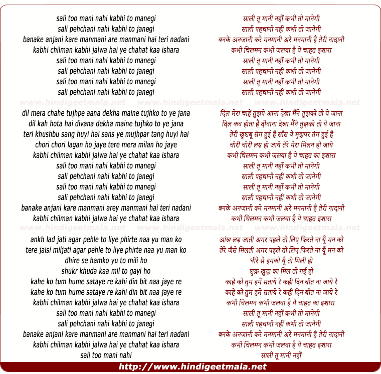 lyrics of song Salee Too Manee Nahee, Kabhee Toh Manegi