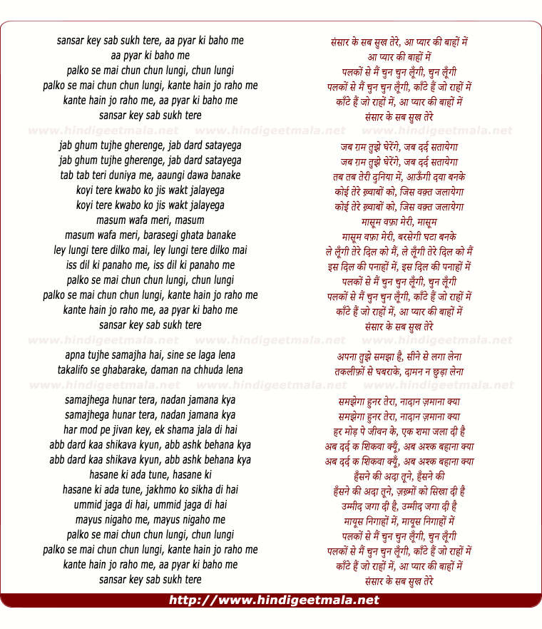 lyrics of song Sansar Ke Sab Sukh Tere