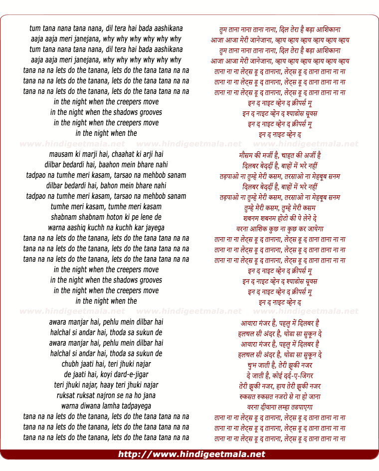 lyrics of song Tana Nana, Dil Tera Hai Bada Aashikaana
