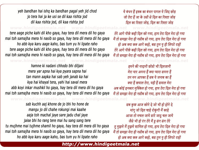 lyrics of song Tere Aage Piche Kahee Dil Kho Gaya