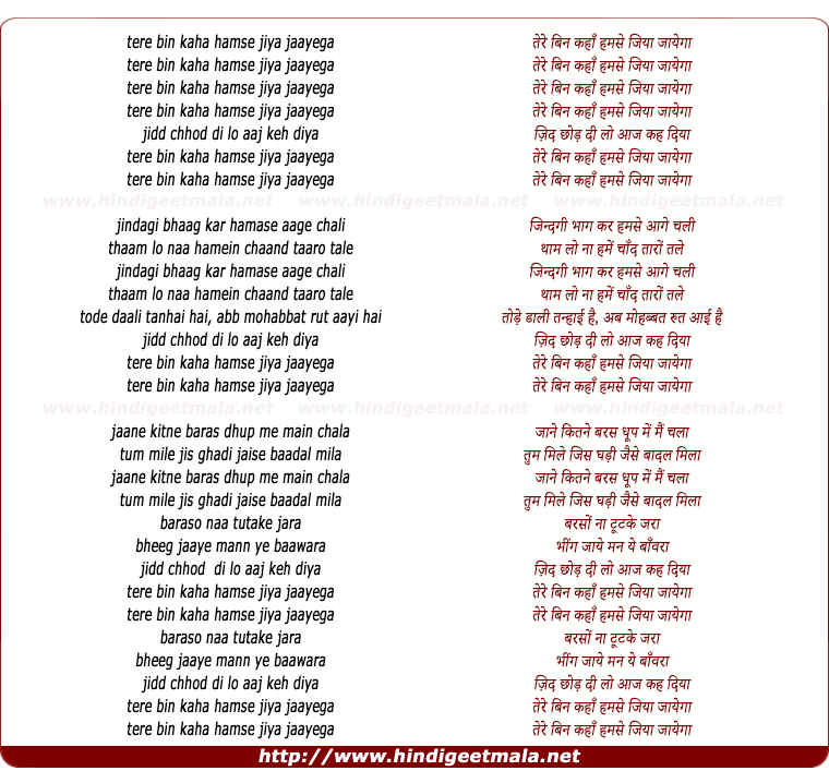 lyrics of song Tere Bin Kahaan Hamase Jiya Jaayega