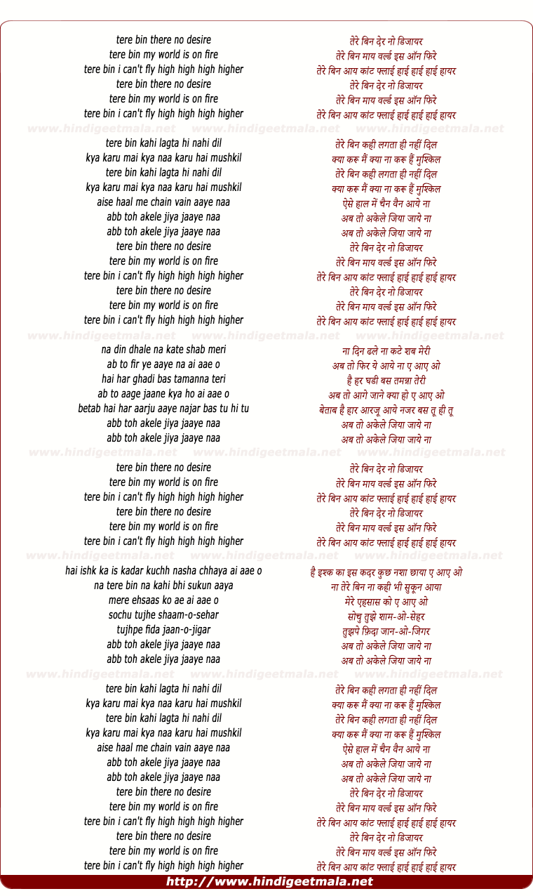 lyrics of song Tere Bin There No Desire