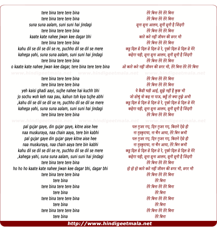lyrics of song Tere Bina Tere Tere Bina