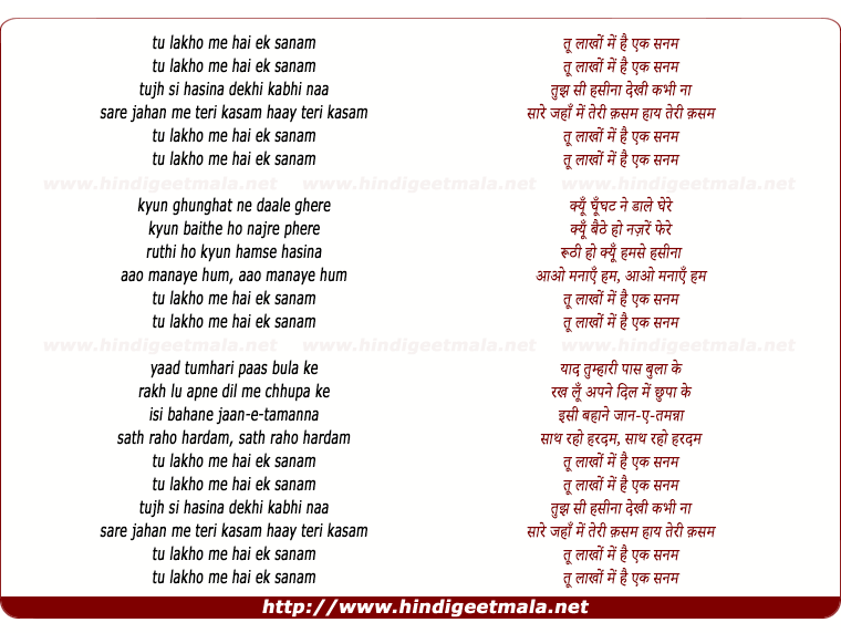 lyrics of song Too Lakho Me Hai Ek Sanam