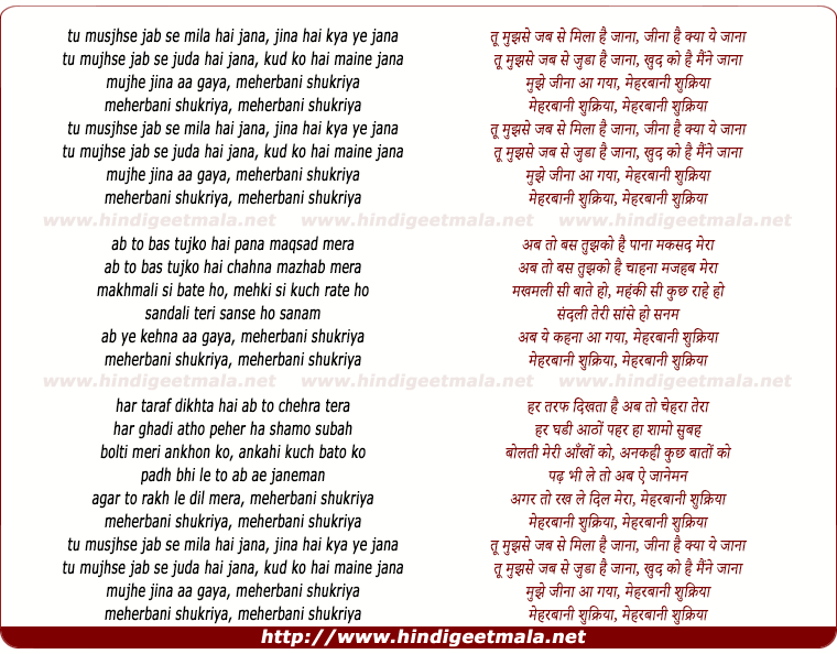 lyrics of song Tu Musjhse Jab Se Mila Hai Jana