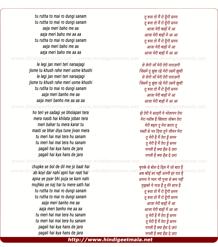 lyrics of song Tu Rutha To Mai Ro Dungi Sanam