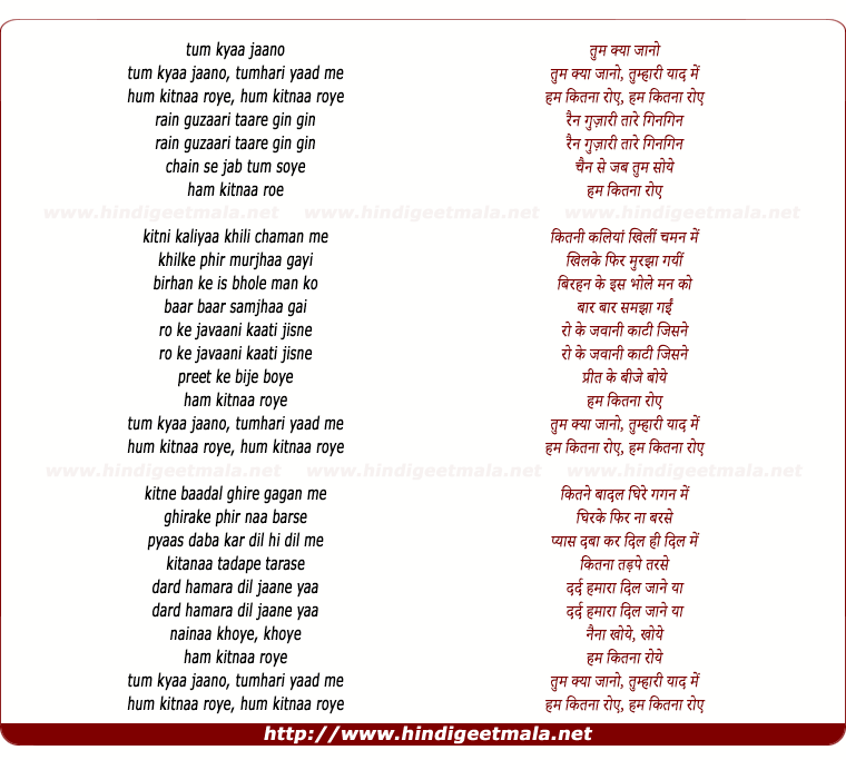 lyrics of song Tum Kyaa Jaano, Tumhari Yaad Men Ham Kitanaa Roe