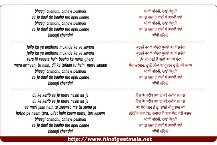 lyrics of song Bhigi Chaandani Chhaai Bekhudi Aa Jaa Daal De Baahon Men