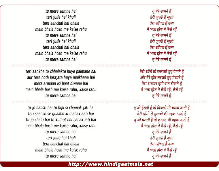 lyrics of song Tu Mere Saamane Hai Teri Zulfen Hain Khuli