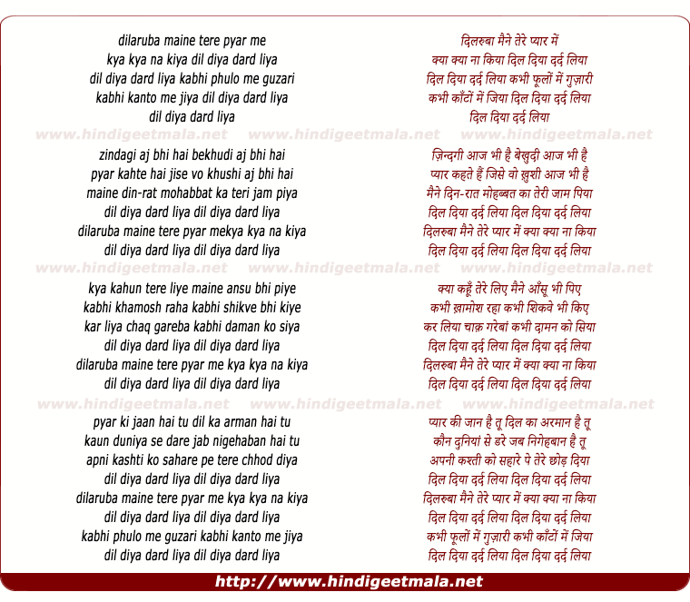 lyrics of song Dilarubaa Maine Tere Pyaar Men, Dil Diyaa Dard Liyaa