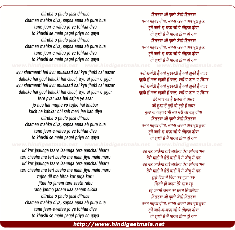 lyrics of song Dilarubaa O Phulon Jaisi Dilarubaa
