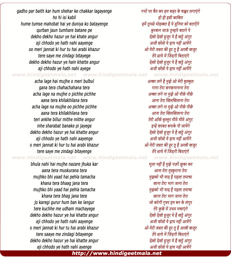 lyrics of song Gadhon Par Baith Kar Ham, Dekho Dekho Hazur