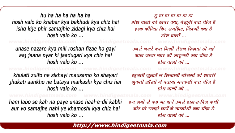 lyrics of song Hosh Walo Ko Khabar Kya Bekhudi Kya Cheez Hai