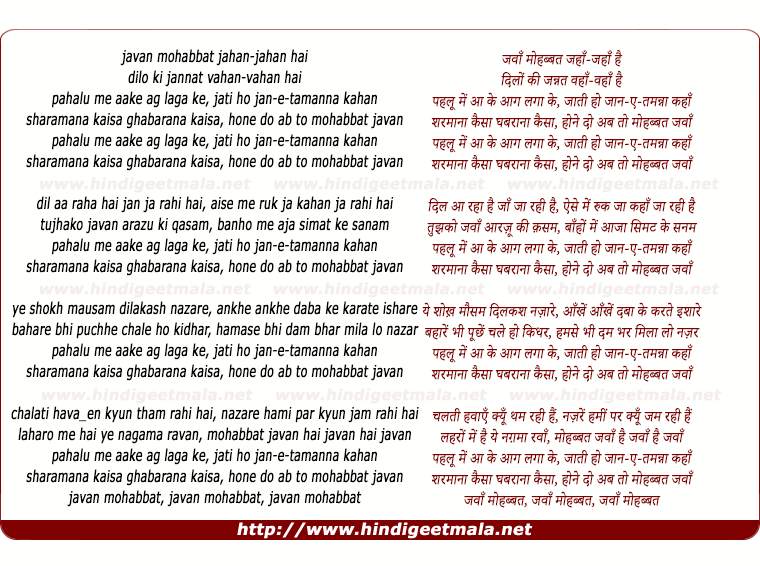 lyrics of song Jawa Mohabbat Jaha Jaha Hai