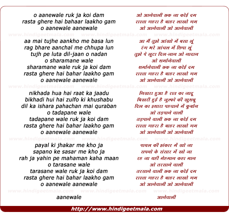 lyrics of song O Aanewaale Ruk Jaa Koi Dam