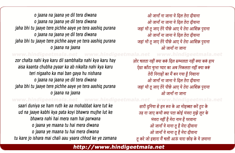 lyrics of song O Jana Na Jana Ye Dil Tera Diwana