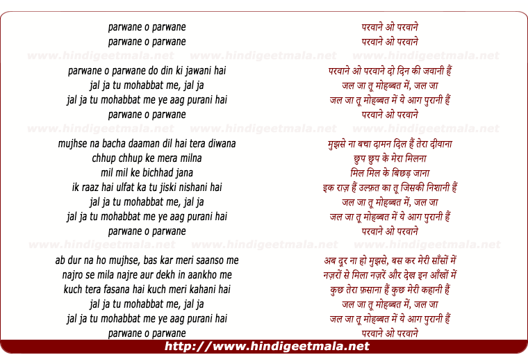 lyrics of song Paravaane O Paravaane Do Din Ki Javaani Hai