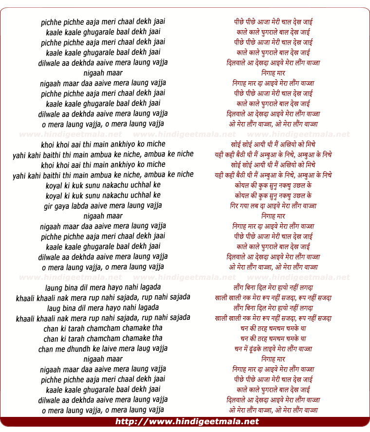 lyrics of song Pichhe Pichhe Aajaa Meri Chaal Dekh Jaai