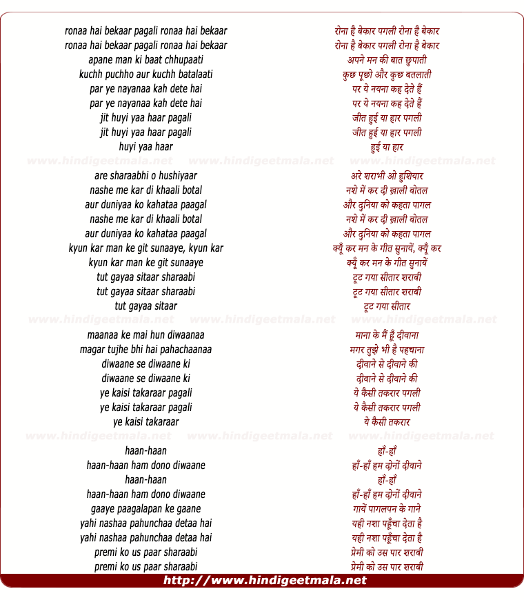 lyrics of song Ronaa Hai Bekaar Pagali