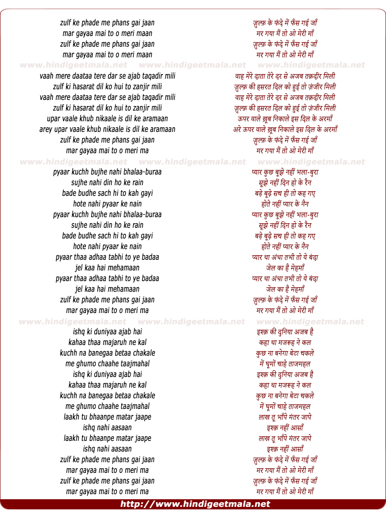 lyrics of song Zulf Ke Phande Me Phans Gai Jaan