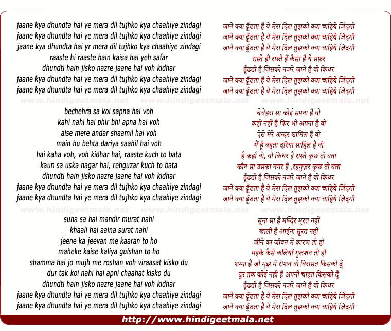 lyrics of song Jaane Kya Dhoondta Hai Ye Mera Dil