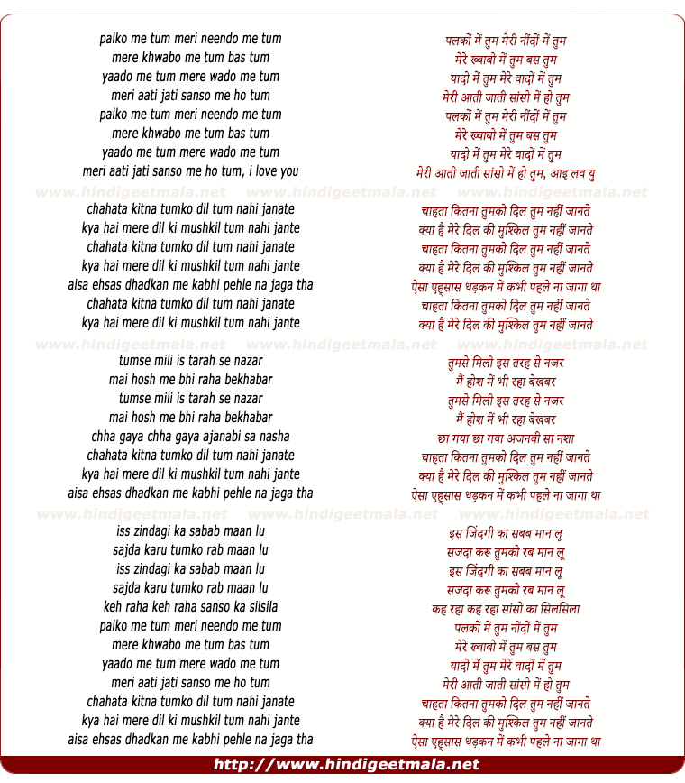 lyrics of song Chahata Dil Tumko Tum Nahi Jante