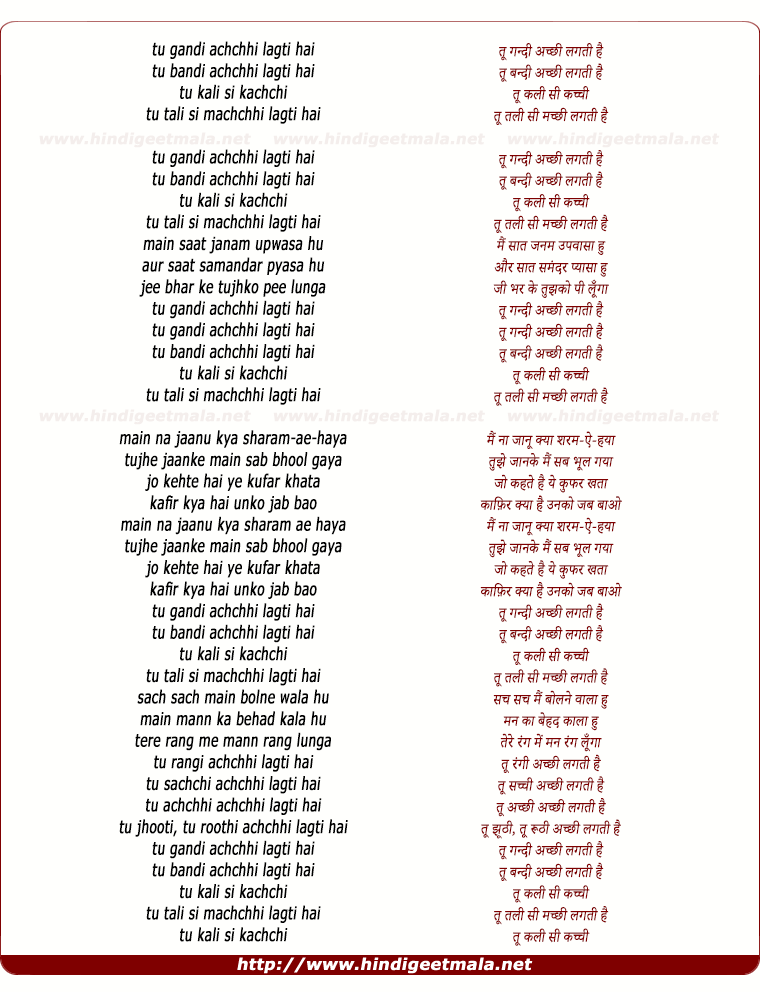 lyrics of song Tu Gandi Achhi Lagti Hai