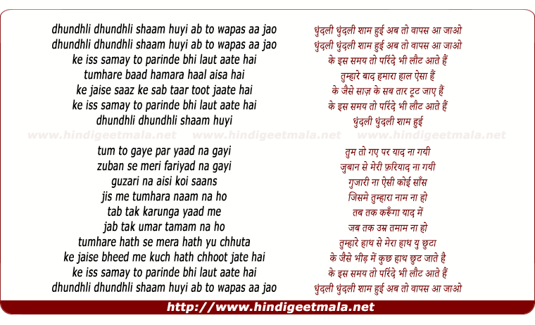 lyrics of song Dhundhli Dhundhli Shaam Hui Ab To Waapas Aa Jaao