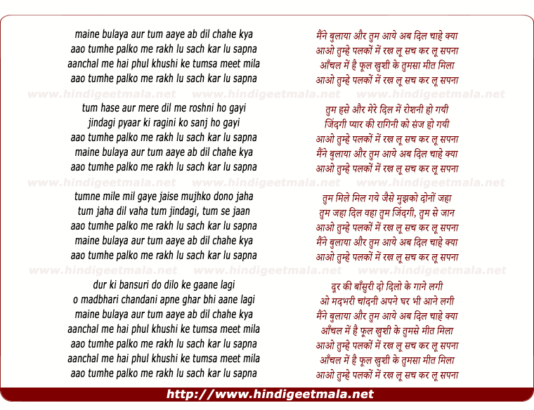 lyrics of song Maine Bulaya Aur Tum Aaye, Ab Dil Chaahe Kya