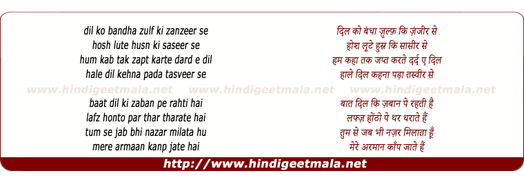 lyrics of song Dil Ko Baandha Zulf Ki Zanjeer Se, Hosh Lute Husn Ki Taasir Se