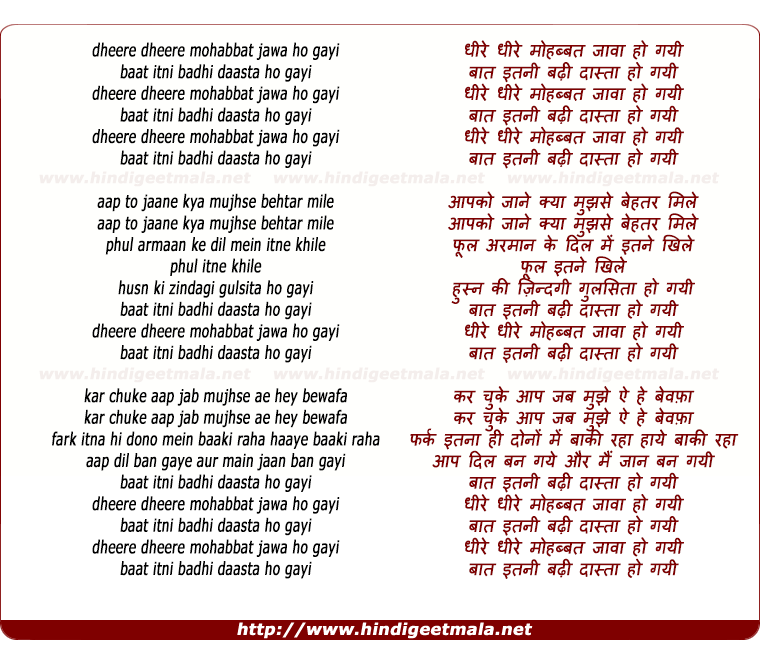 lyrics of song Dhire Dhire Mohabbat Jawan Ho Gayi