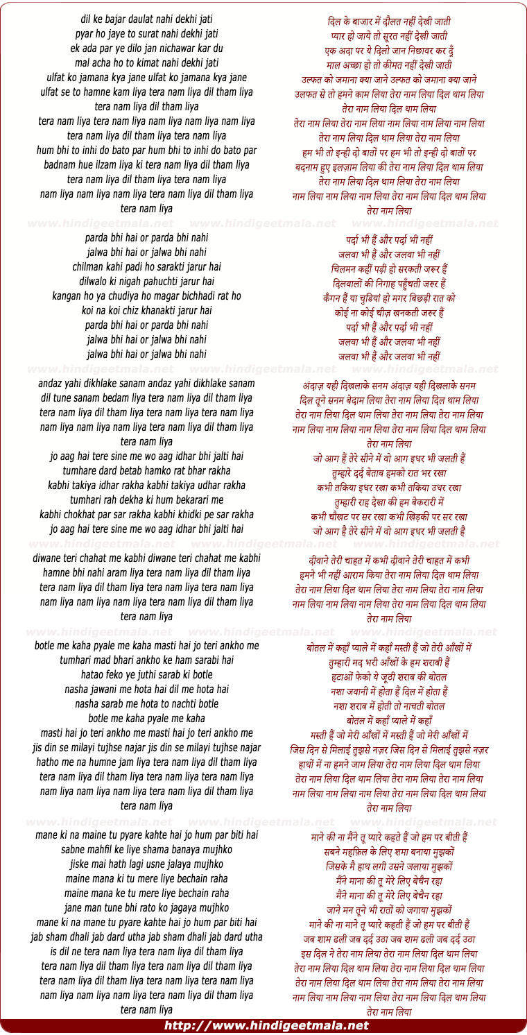 lyrics of song Tera Nam Liya Dil Tham Liya