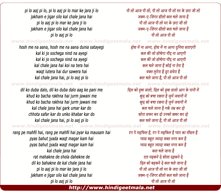 lyrics of song Pee Lo Aaj Pee Lo Mar Ke Zara Jee Lo