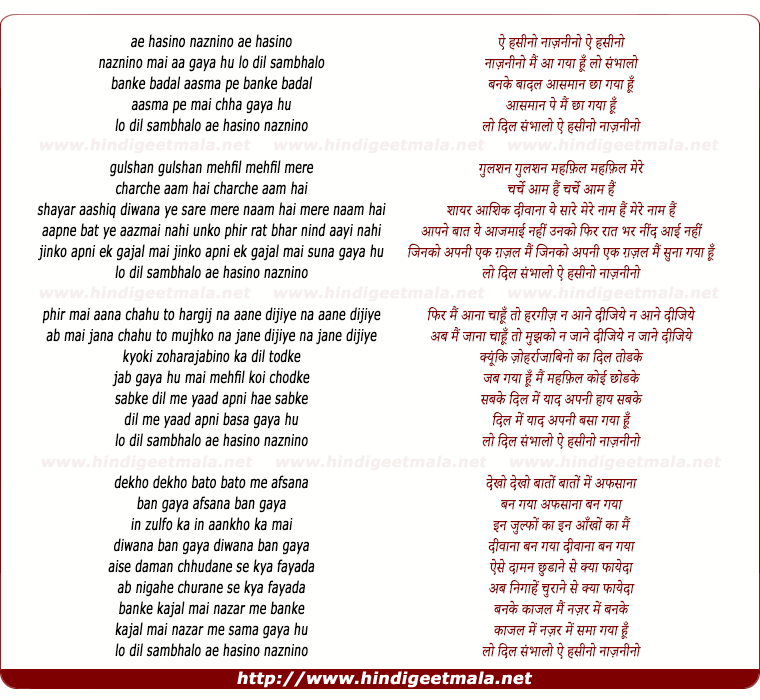 lyrics of song Ae Haseeno Nazneeno Main Aa Gayaa Hu