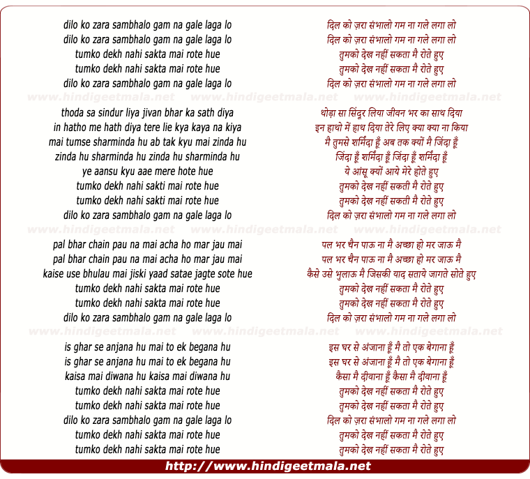lyrics of song Dil Ko Zara Sambhalo, Gam Na Gale Laga Lo