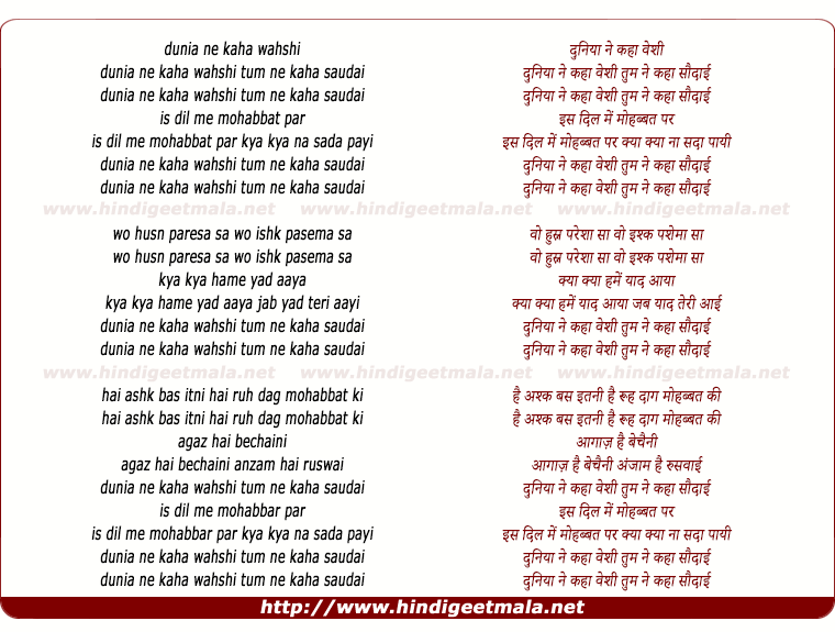 lyrics of song Duniya Ne Kaha Vahshi Tum Ne Kha Saudai